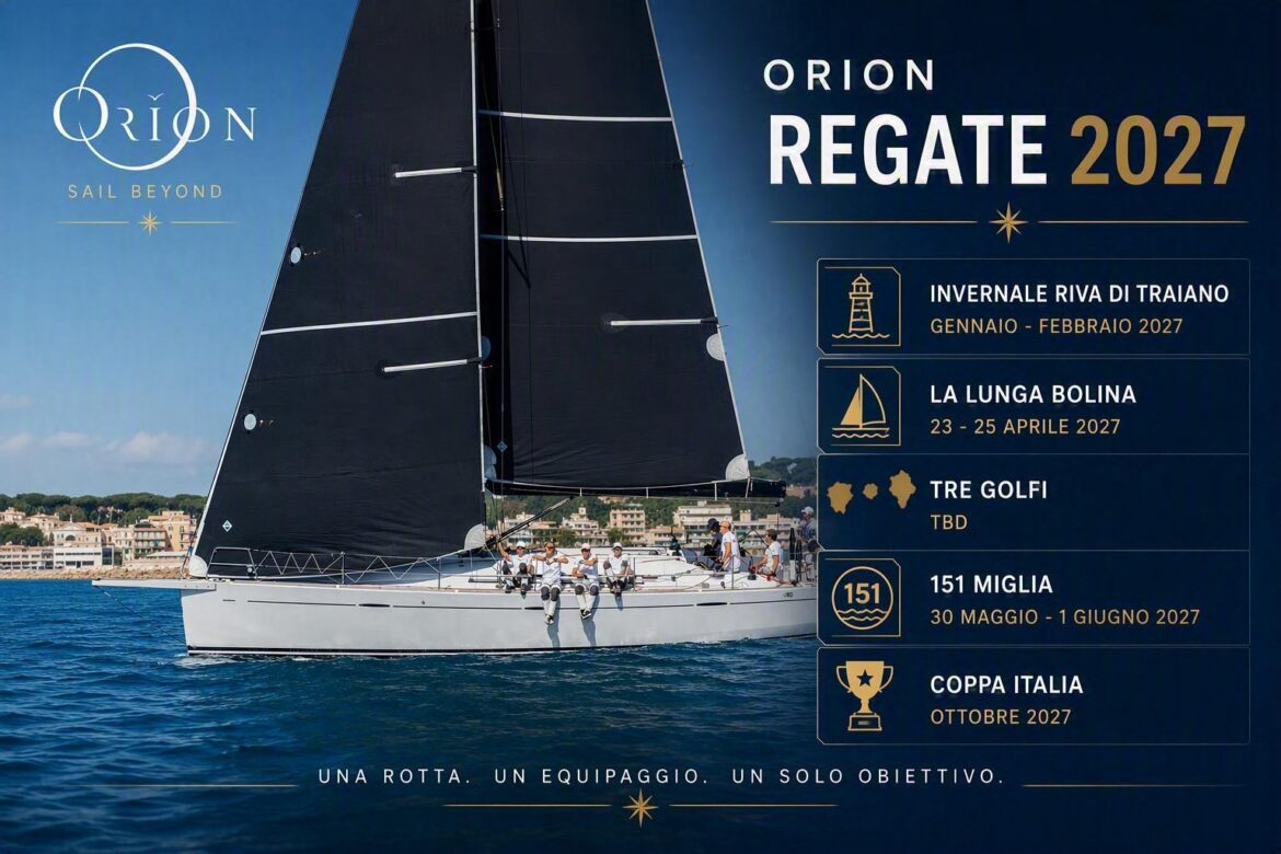 ORION, Beneteau First 45 naviga nel Mar Tirreno. L'immagine presenta il calendario regate 2027 con Invernale Riva di Traiano, La Lunga Bolina, Tre Golfi, 151 Miglia e Coppa Italia.